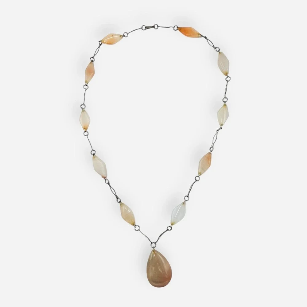 Artisan Peach Beige Striped Agate Teardrop Pendant Necklace Silver Links 25.5
